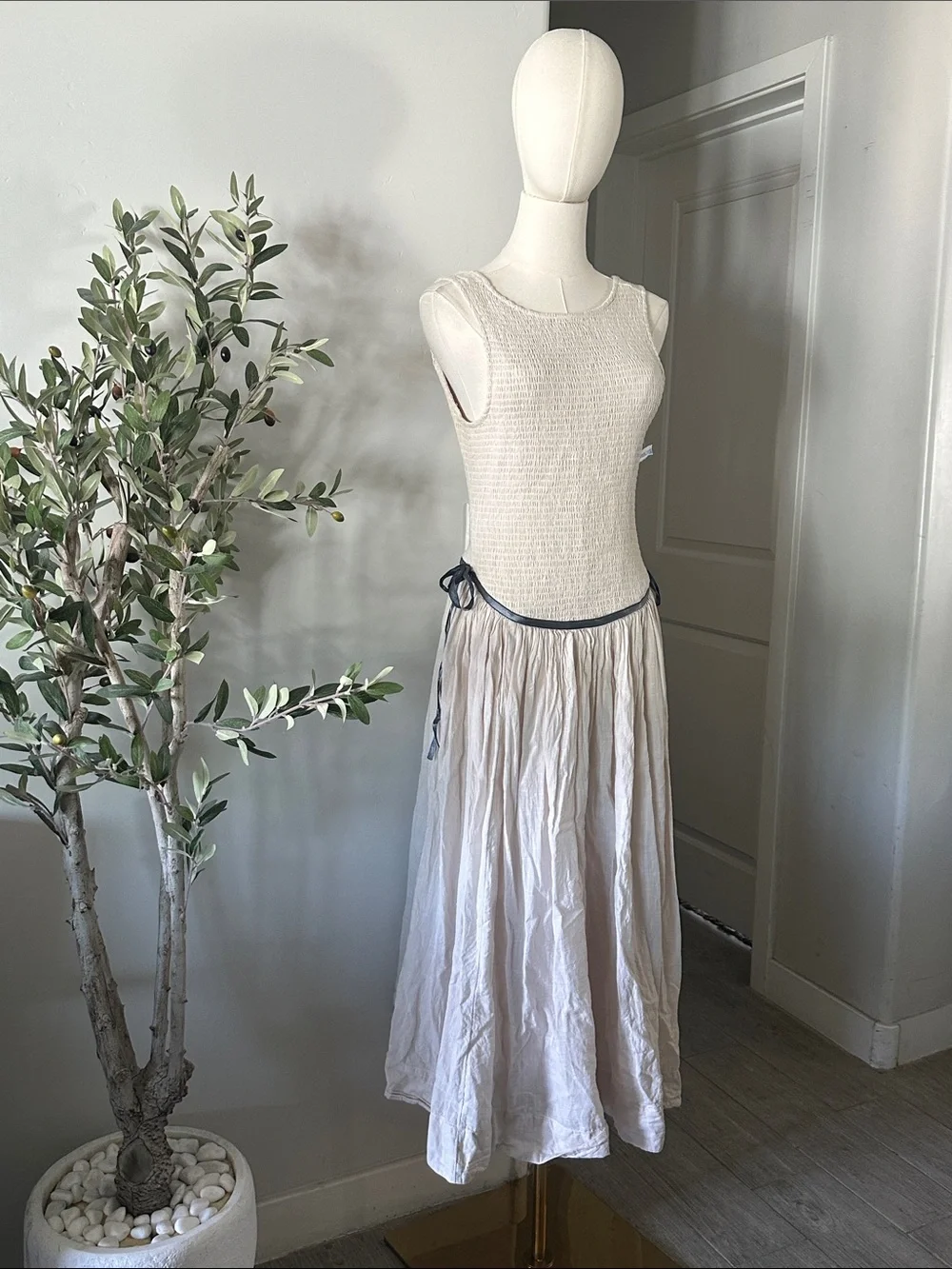 Free People Nightingale Smocked Seersucker Midi Dress in Tea Navy Combo New!